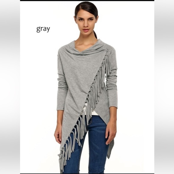 Asymmetric Long Sleeve Tunic Top with Fringe, L - Picture 1 of 4